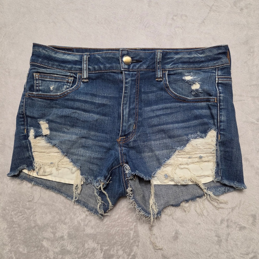 American Eagle Hi-Rise Shortie Distressed Denim Cutoff Shorts Blue Size 8